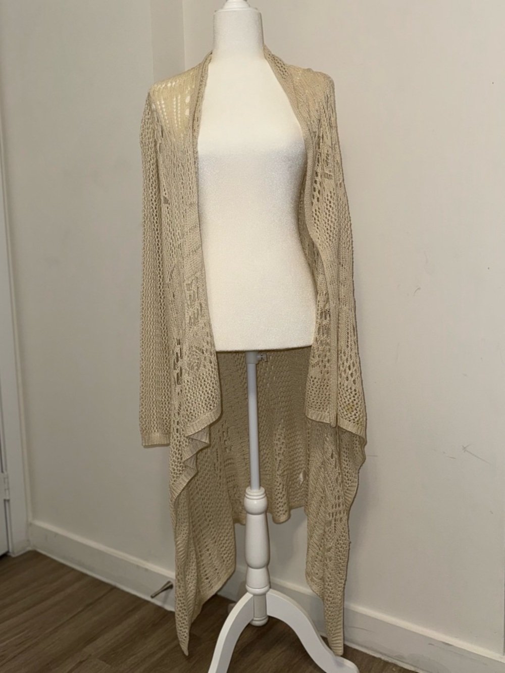Light Beige Open-Front Knit Cardigan Sweater